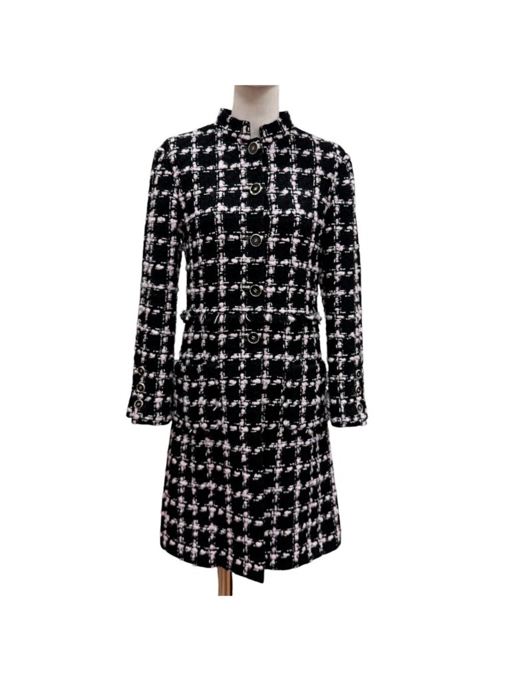 Chanel Wool Coco Buttons with Fringe Tweed Coat Black Pink 34